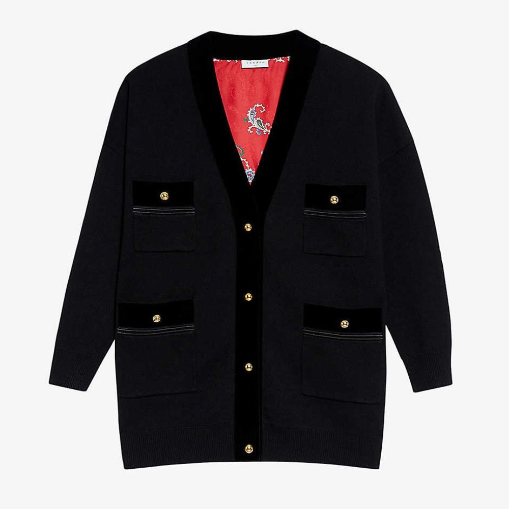 Sandro Vioney Velvet Trim Cardigan, Size: 0/XS, Very good condition